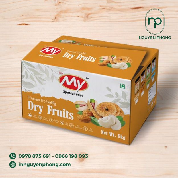 in thùng carton 5 lớp sóng BC đựng trái cây khô đẹp mắt
